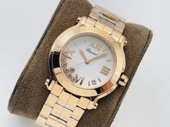 YF factory top-tier watch ChopardHAPPY DIAMONDS series 18K gold white dial ladies watch front view