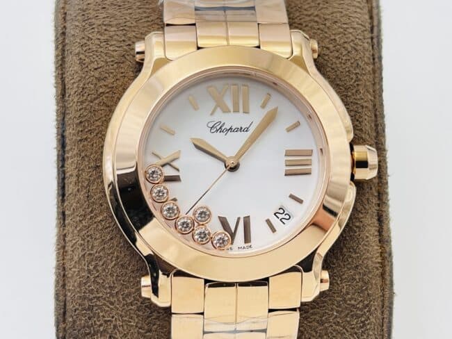 YF factory top-tier watch ChopardHAPPY DIAMONDS series 18K gold white dial ladies watch front view