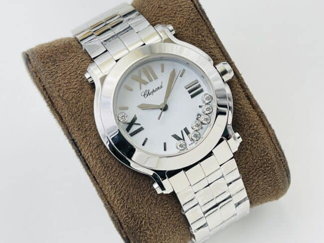 YF factory top-tier watch ChopardHAPPY DIAMONDS series white steel bracelet diamond ladies watch front view