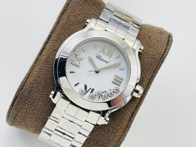 YF factory top-tier watch ChopardHAPPY DIAMONDS series white steel bracelet diamond ladies watch front view