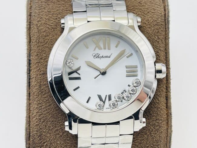 YF factory top-tier watch ChopardHAPPY DIAMONDS series white steel bracelet diamond ladies watch front view