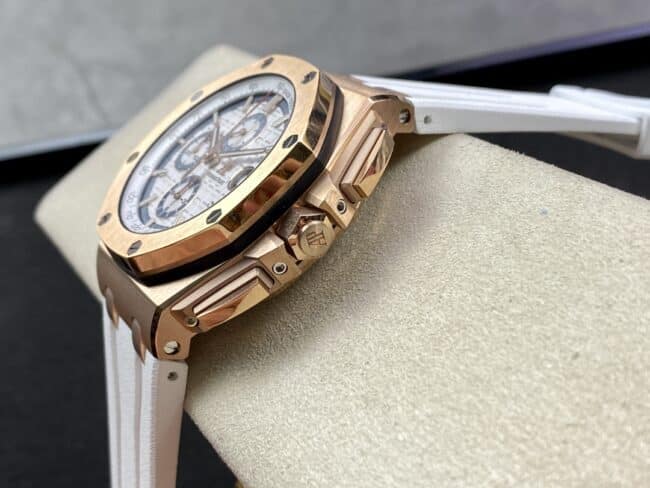 top-tier replicaAudemars PiguetRoyal Oak offshore 26400 watch 18K rose gold white dial men's mechanical watch side view