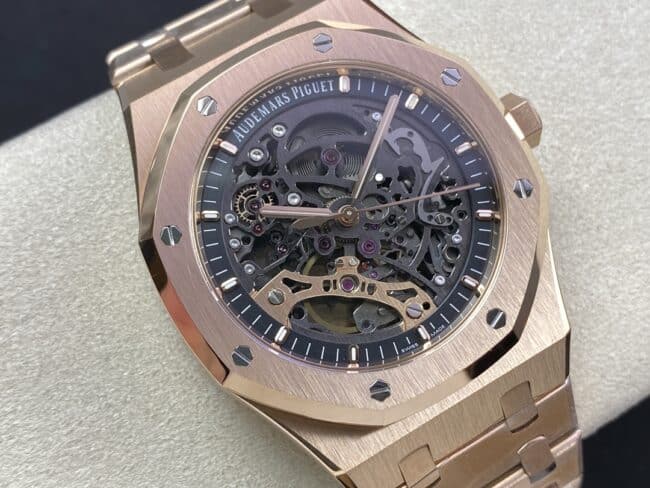 top-tier replicaAudemars Piguet Skeleton Royal Oak Offshore 15407ST.OO.1220ST.01rose goldblack dial men's mechanical watch front view