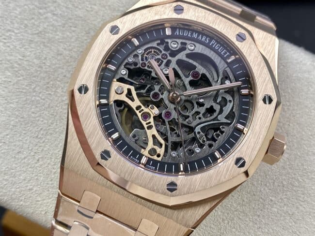 top-tier replicaAudemars Piguet Skeleton Royal Oak Offshore 15407ST.OO.1220ST.01rose goldblack dial men's mechanical watch front view