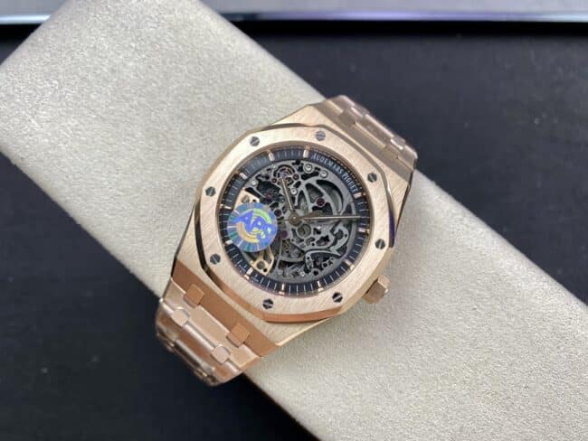 top-tier replicaAudemars Piguet Skeleton Royal Oak Offshore 15407ST.OO.1220ST.01rose goldblack dial men's mechanical watch front view