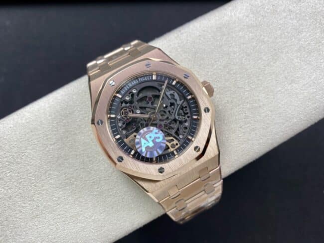 top-tier replicaAudemars Piguet Skeleton Royal Oak Offshore 15407ST.OO.1220ST.01rose goldblack dial men's mechanical watch front view
