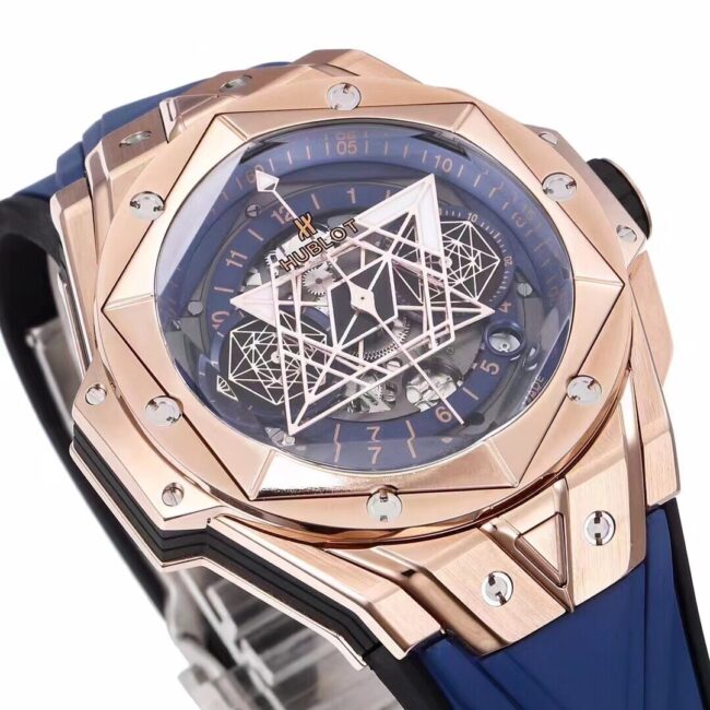 Top blue dial Hublot watch new II tattoo second generation wristwatch front view