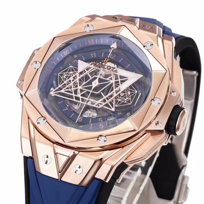 Top blue dial Hublot watch new II tattoo second generation wristwatch front view