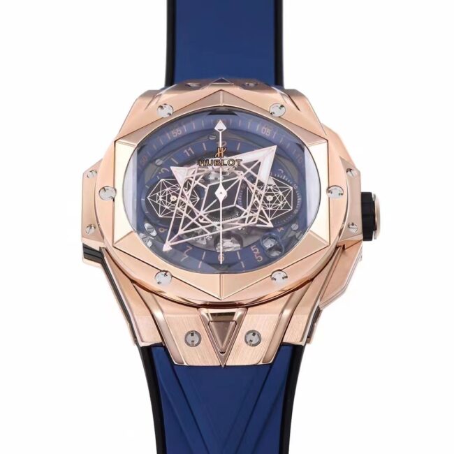 Top blue dial Hublot watch new II tattoo second generation wristwatch front view