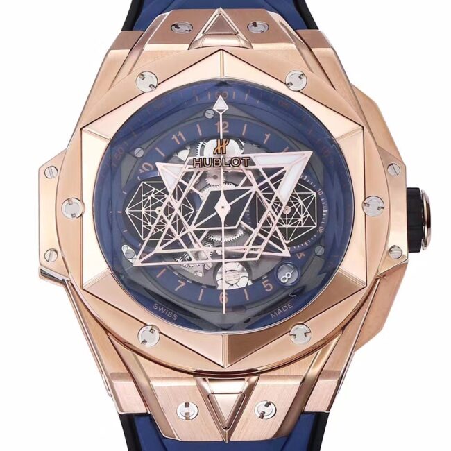 Top blue dial Hublot watch new II tattoo second generation wristwatch front view
