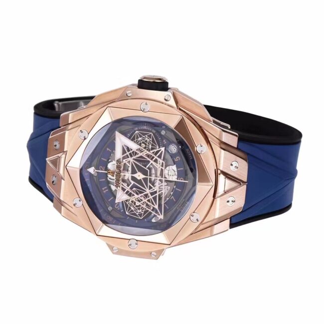 Top blue dial Hublot watch new II tattoo second generation wristwatch front view