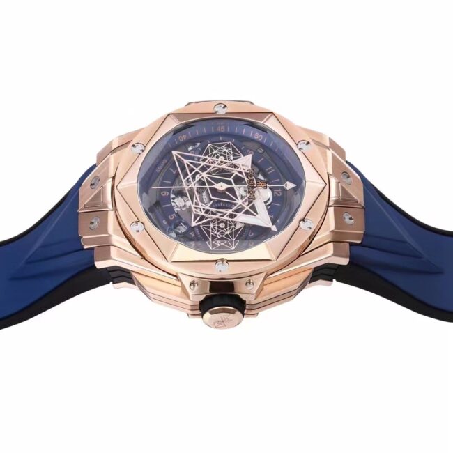Top blue dial Hublot watch, new II Tattoo second generation wristwatch side view