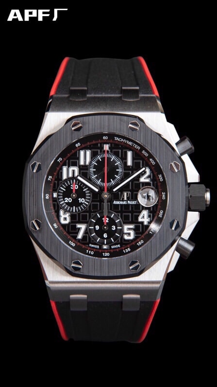top-tiersuper cloneAPFblack dialAudemars PiguetRoyal Oak Offshore 26470 watch front view