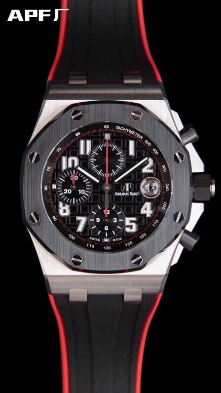 top-tiersuper cloneAPFblack dialAudemars PiguetRoyal Oak Offshore 26470 watch front view