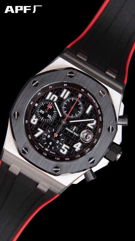 top-tiersuper cloneAPFblack dialAudemars PiguetRoyal Oak Offshore 26470 watch front view