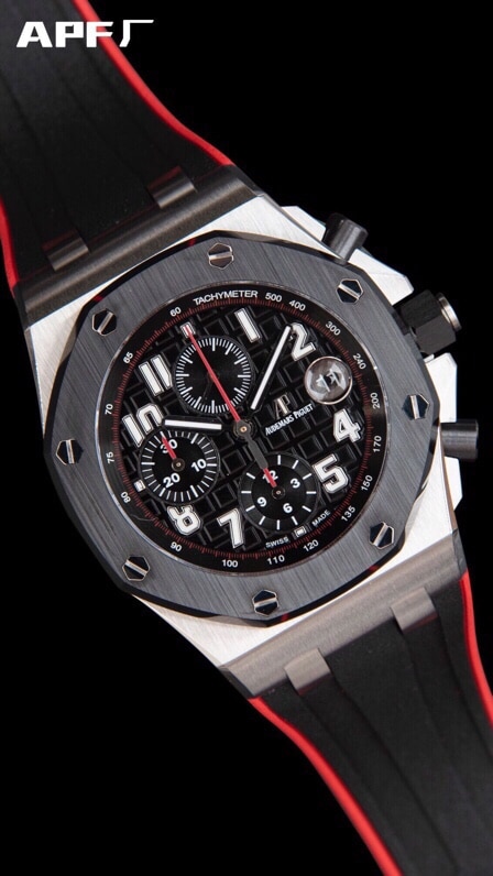 top-tiersuper cloneAPFblack dialAudemars PiguetRoyal Oak Offshore 26470 watch front view