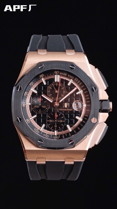 top-tier replicaAPFAudemars PiguetRoyal Oak offshore rose goldblack dial26400 watch front view