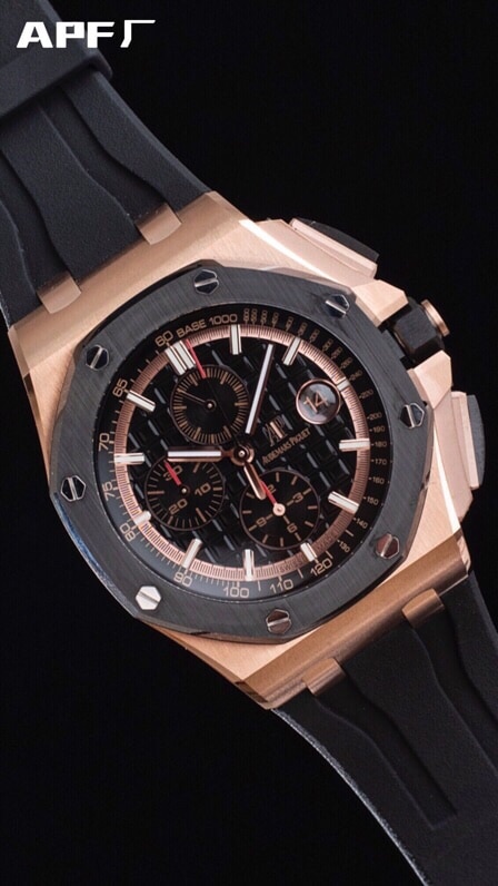 top-tier replicaAPFAudemars PiguetRoyal Oak offshore rose goldblack dial26400 watch front view