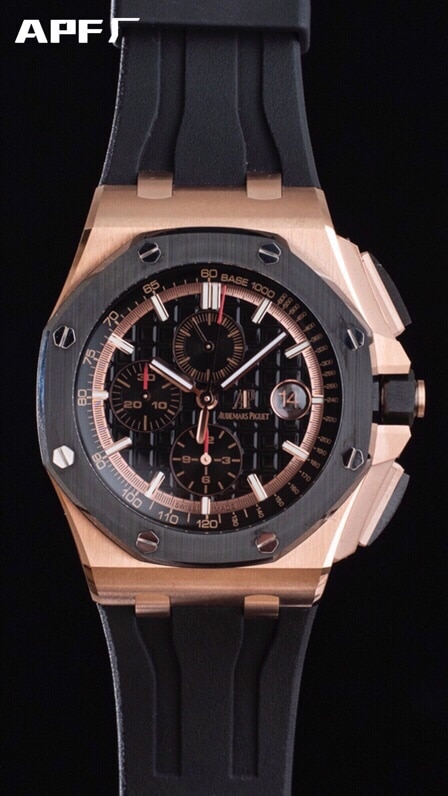 top-tier replicaAPFAudemars PiguetRoyal Oak offshore rose goldblack dial26400 watch front view