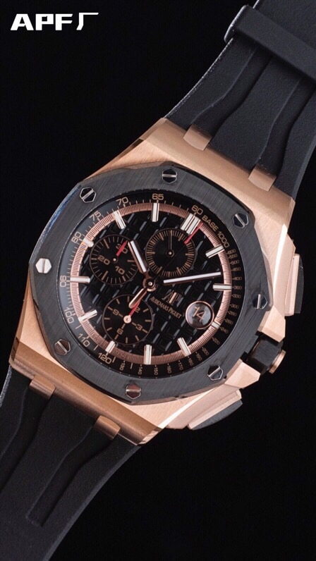 top-tier replicaAPFAudemars PiguetRoyal Oak offshore rose goldblack dial26400 watch front view