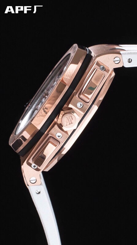 top-tiersuper cloneAPFrose goldwhite dialAudemars PiguetRoyal Oak Offshore 26400 top-tier watch side view