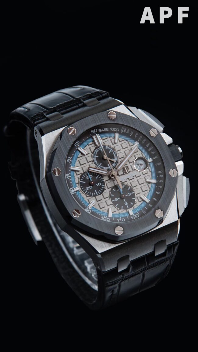 Front view of the top-notch high-quality replicaAPFAudemars PiguetRoyal Oakblack dial offshore 26400 watch from a major manufacturer