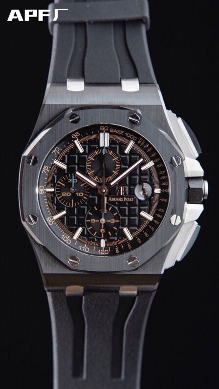 Front view of Dachang high-quality replicaAPFAudemars PiguetRoyal Oak offshore black dial26400ceramicchronograph watch devoted to research and development