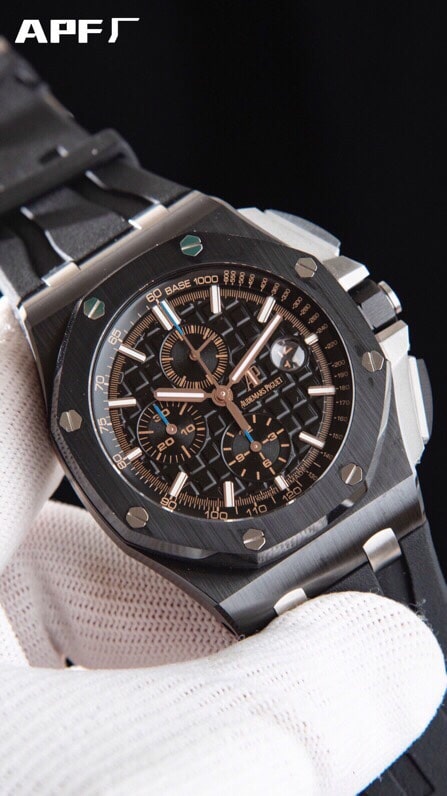 Front view of Dachang high-quality replicaAPFAudemars PiguetRoyal Oak offshore black dial26400ceramicchronograph watch devoted to research and development