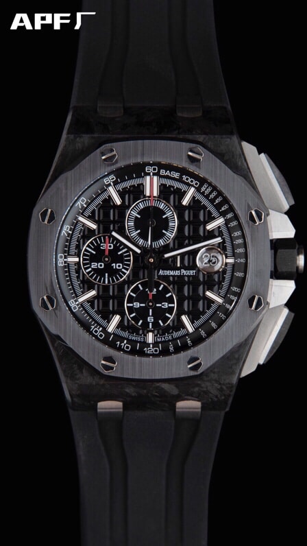 top-tier replicaAPFAudemars PiguetRoyal Oakblack dial offshore 26400 forged carbon brazing chronograph watch black dial concentrated research and development to break through barriers front view