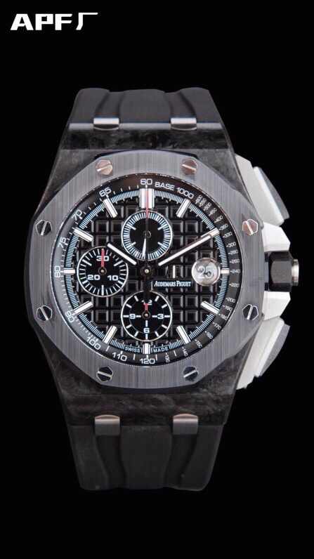 top-tier replicaAPFAudemars PiguetRoyal Oakblack dial offshore 26400 forged carbon brazing chronograph watch black dial concentrated research and development to break through barriers front view