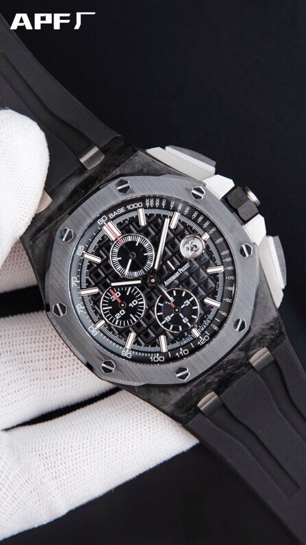 top-tier replicaAPFAudemars PiguetRoyal Oakblack dial offshore 26400 forged carbon brazing chronograph watch black dial concentrated research and development to break through barriers front view