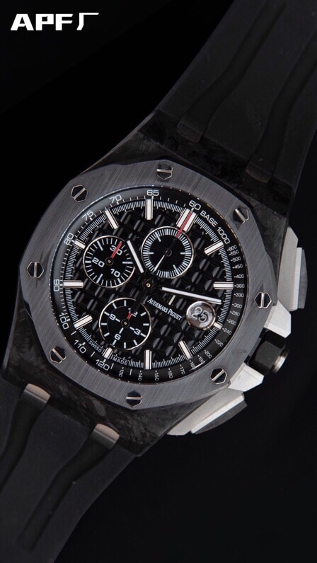 top-tier replicaAPFAudemars PiguetRoyal Oakblack dial offshore 26400 forged carbon brazing chronograph watch black dial concentrated research and development to break through barriers front view