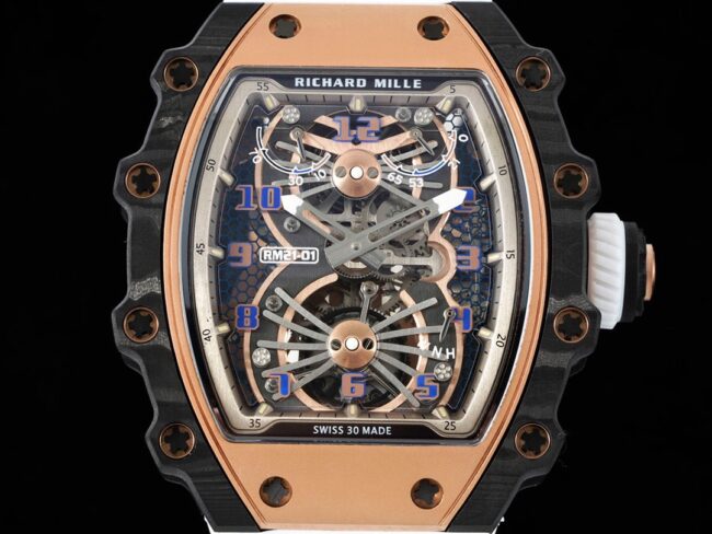 Top-tier super cloneRichard Millerose gold creates a real wrist aircraft RM 21-01 aerodynamic tourbillon watch front view
