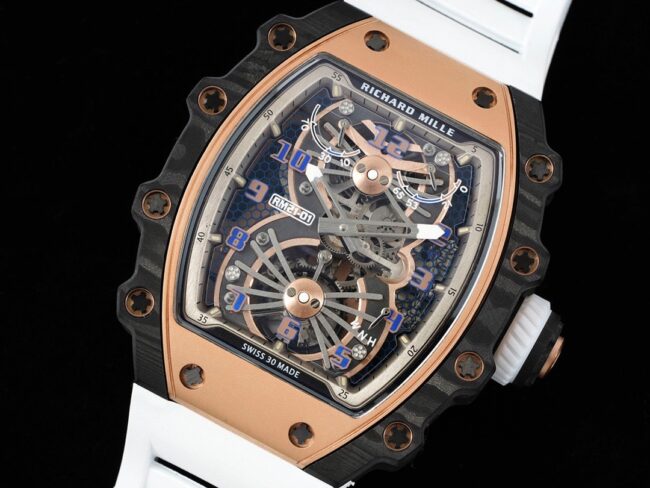 Top-tier super cloneRichard Millerose gold creates a real wrist aircraft RM 21-01 aerodynamic tourbillon watch front view