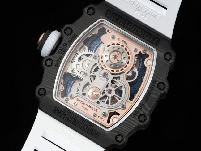Top-tier super cloneRichard Millerose gold creates a real wrist aircraft RM 21-01 aerodynamic tourbillon watch movement picture