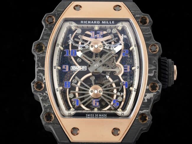Top-tier super cloneRichard Millerose gold creates a real wrist aircraft RM 21-01 aerodynamic tourbillon watch front view