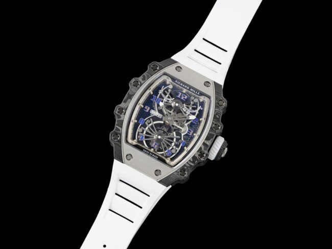Large factory fine imitation Richard Mille black steel RM 21-01 aerodynamic tourbillon watch light wear carbon fiber and 5N red gold material front view