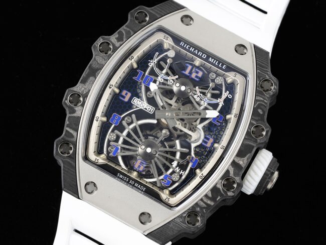 Large factory fine imitation Richard Mille black steel RM 21-01 aerodynamic tourbillon watch light wear carbon fiber and 5N red gold material front view