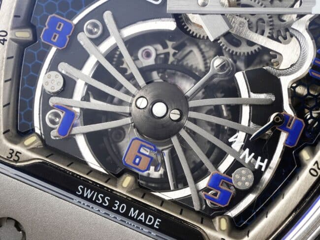 Large factory fine imitation Richard Mille black steel RM 21-01 aerodynamic tourbillon watch light wear-resistant carbon fiber and 5N red gold material detail picture