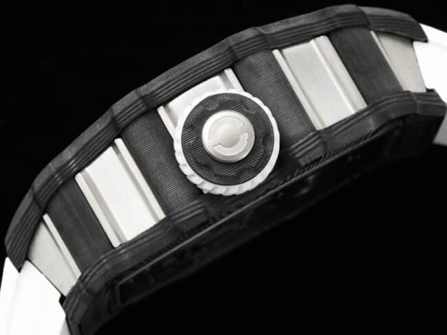 Factory fine imitation Richard Mille black steel RM 21-01 aerodynamic tourbillon watch light wear-resistant carbon fiber and 5N red gold material side view