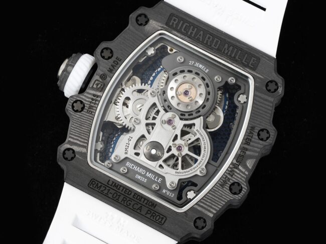 Large factory fine imitation Richard Mille black steel RM 21-01 aerodynamic tourbillon watch light wear-resistant carbon fiber and 5N red gold material movement figure