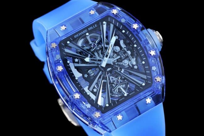 The extraordinary sports quality RM12-01 tourbillons apphire crystal transparent version reproduced by the high-quality Richard Milleblue dial from the famous manufacturer, front view