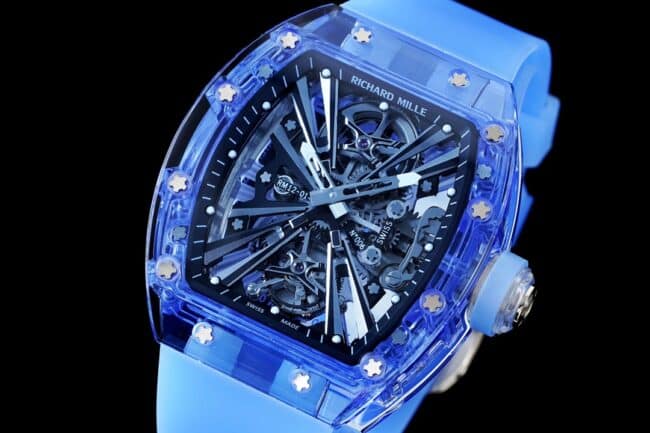 The extraordinary sports quality RM12-01 tourbillons apphire crystal transparent version reproduced by the high-quality Richard Milleblue dial from the famous manufacturer, front view