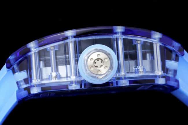 The extraordinary sports quality reproduced by the high-quality Richard Mille blue dial from the famous manufacturer RM12-01 tourbillons apphire crystal transparent version side view