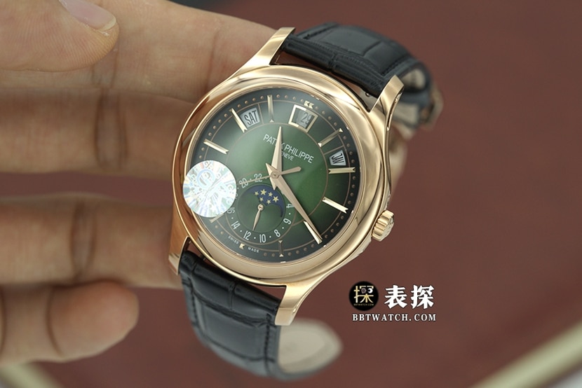 GR factory complications Patek Philippe1:1replica watch olive green dialrose goldleather strap model 5205R-011front live photo