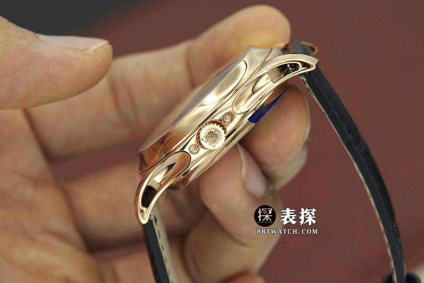 GR factory complications Patek Philippe1:1replica watch olive green dialrose goldleather strap model 5205R-011side live photo