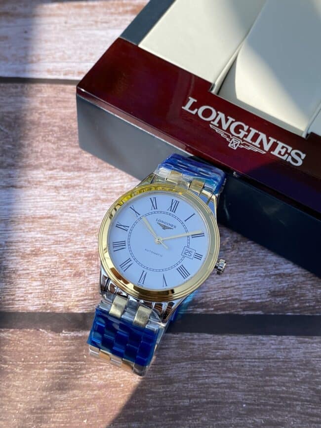 top-tiersuper cloneLongines military flag series white steel Swiss carved movement couple watch front view
