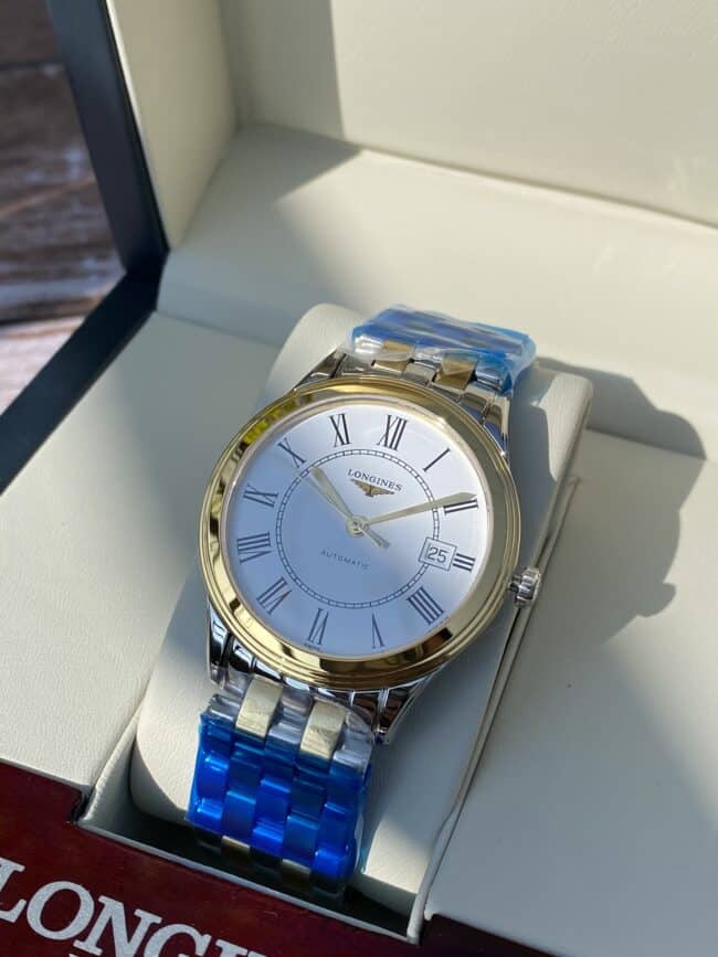 top-tiersuper cloneLongines military flag series white steel Swiss carved movement couple watch front view