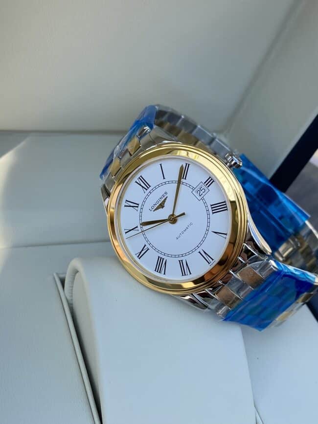 top-tiersuper cloneLongines military flag series white steel Swiss carved movement couple watch front view