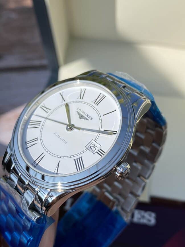 Longines Master Collection Swiss Engraved Movement Centennial Classic White Steel Couple's Watch Front View